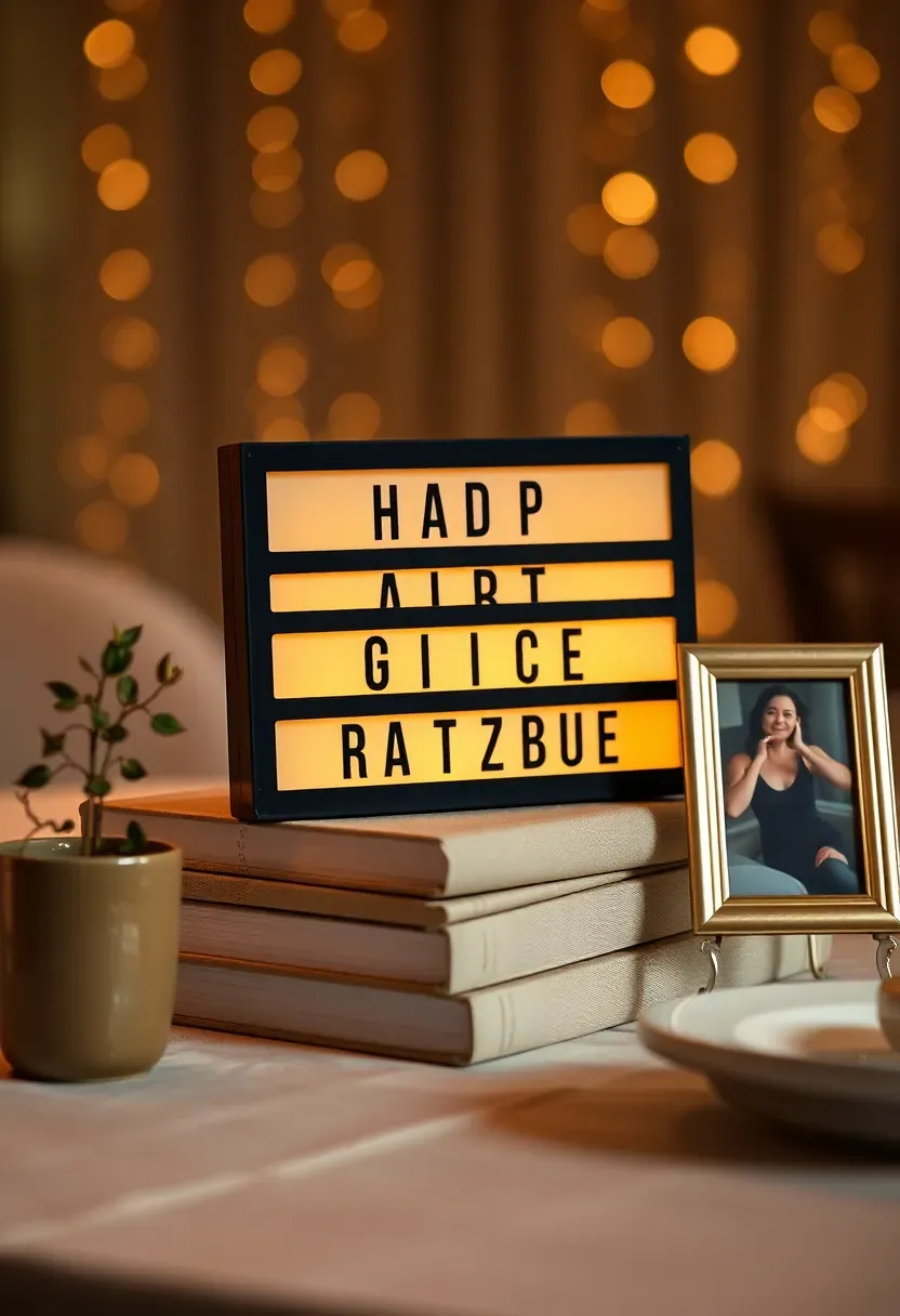 LED cinema light box displaying an inspirational graduation quote on a decorated party table