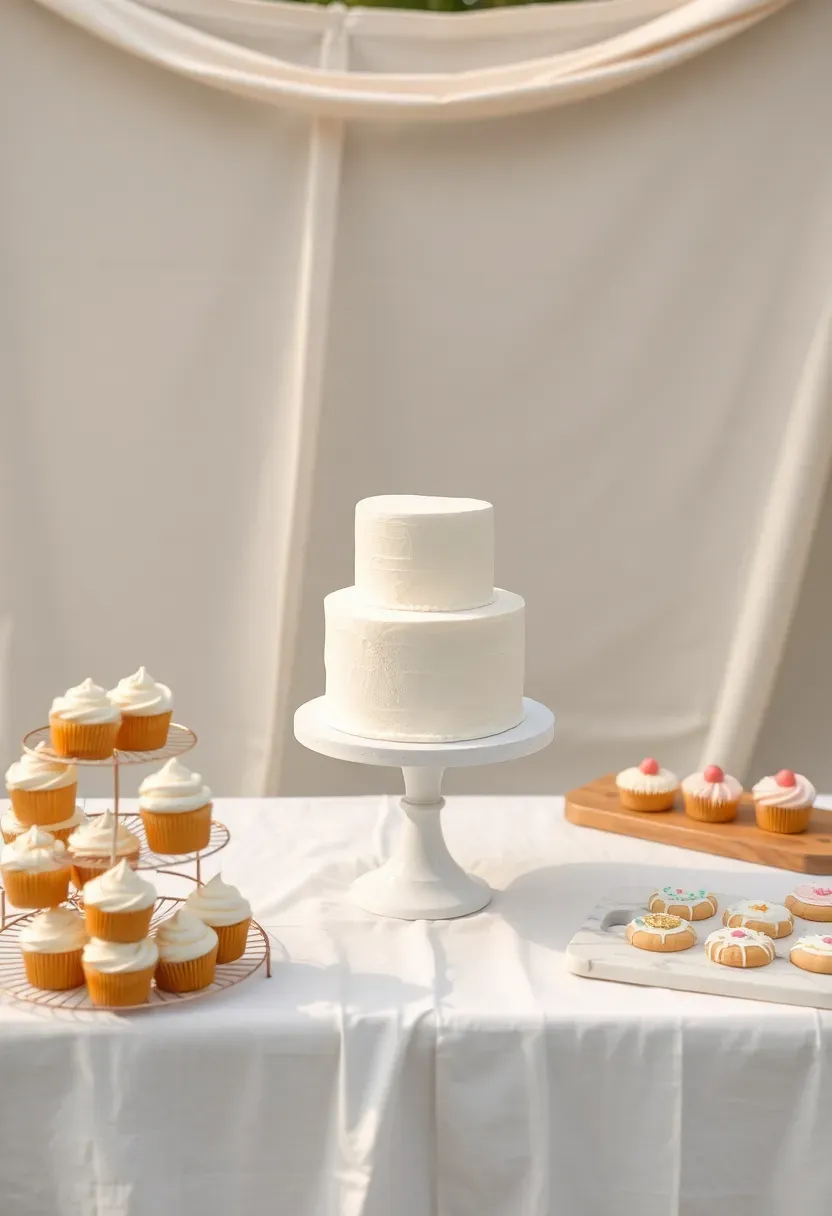 A themed birthday dessert table with a tiered cake, cupcakes, and cookies arranged on white stands against a decorated backdrop