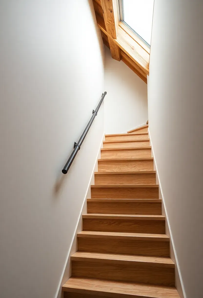 Alternating-tread loft staircase with solid ash treads alternating left and right, black steel stringer plate, and exposed timber roof beam above