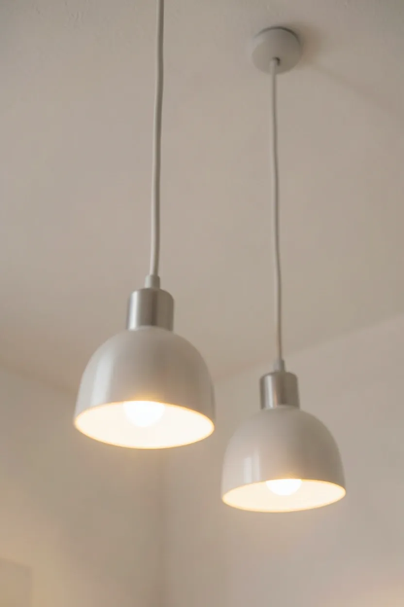 Glass pendant lights hanging over a seating area in a small Nordic living room creating warm intimate illumination