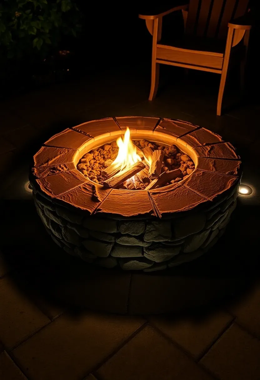 A stone fire pit at night surrounded by subtle recessed ground lights in the patio paving creating a warm perimeter glow