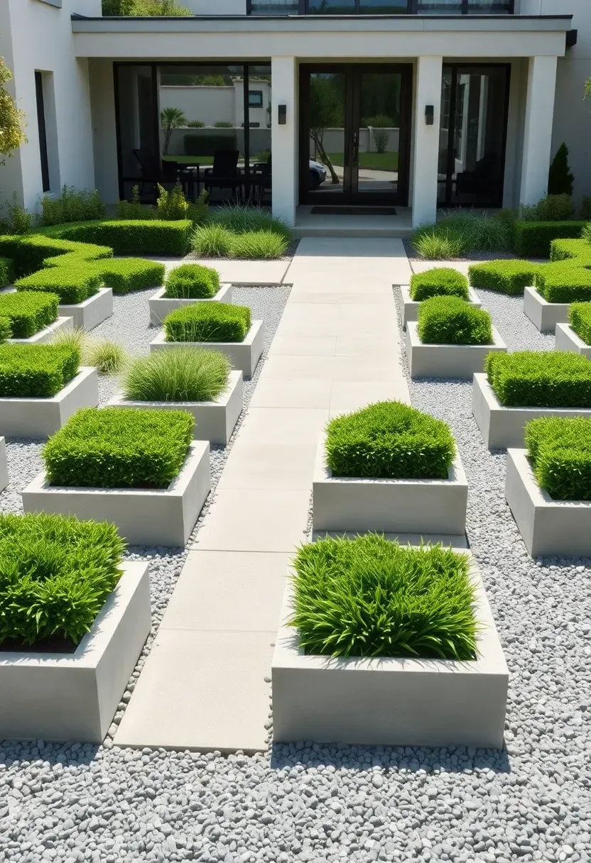 Hyper-realistic 3/4 view of a modern geometric front yard garden with square concrete planters in grid pattern, clipped boxwood cubes, ornamental grasses, and crushed granite ground cover creating precise layout. Materials: smooth concrete, clipped geometric boxwood, fountain grasses, gray crushed granite. Bright midday light with crisp shadows, monochromatic green and gray palette. Mathematical precision in layout. Visible contemporary home with geometric architecture. No text, no logos, no watermarks.</p>