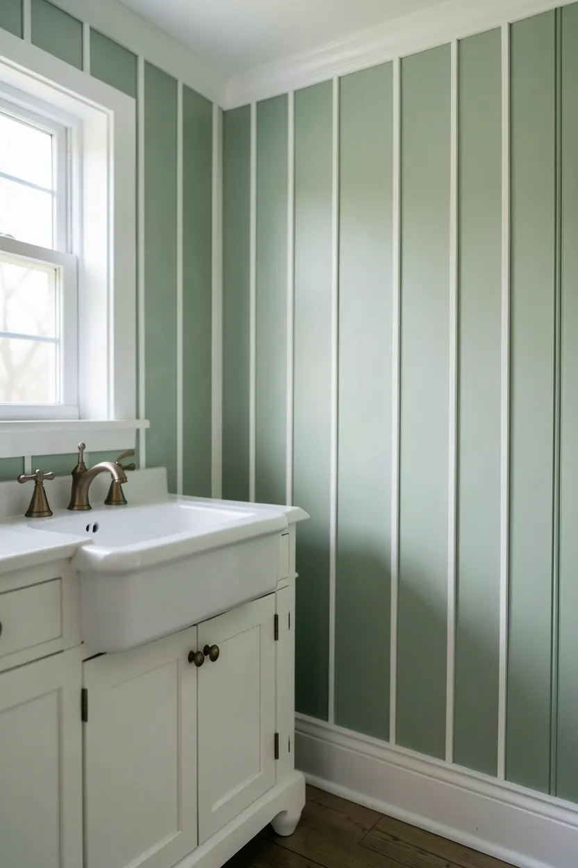 Sage green board-and-batten vertical siding on bathroom walls with white trim and farmhouse sink — cottage green bathroom idea