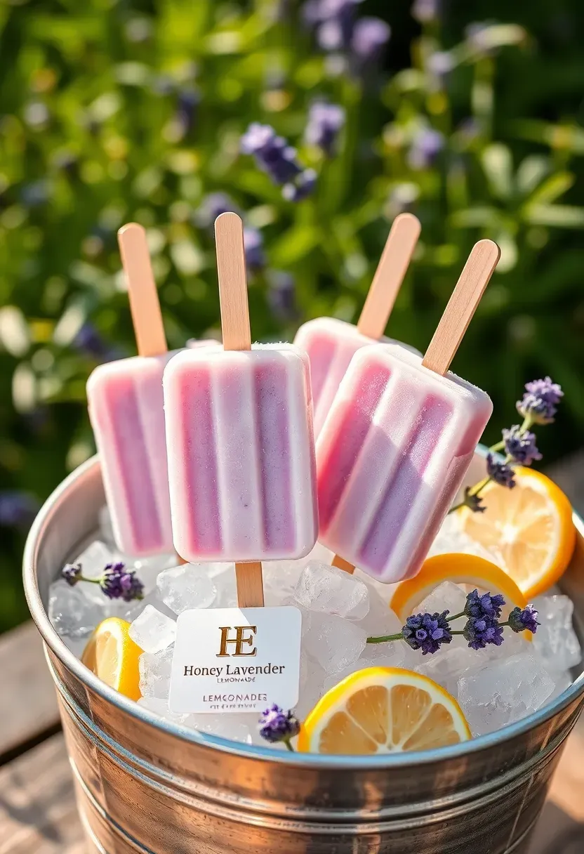 homemade honey lavender lemonade popsicles in soft purple hue displayed in a bed of crushed ice with dried lavender sprigs and lemon slices