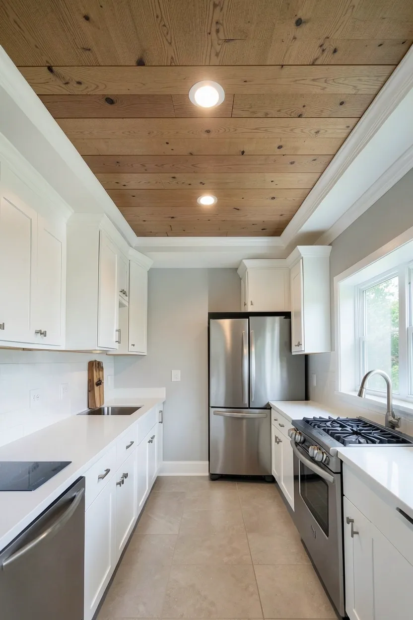 Warm oak wood plank ceiling with evenly spaced recessed lighting creating a cozy and modern kitchen atmosphere