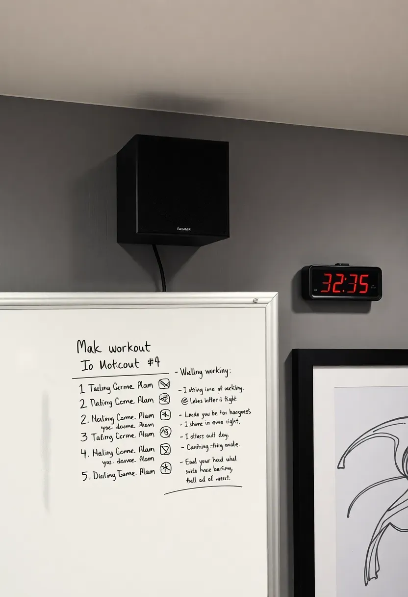 Basement gym wall with a Bluetooth speaker mounted in a corner, motivational poster, whiteboard showing a workout plan, and PR records written in marker