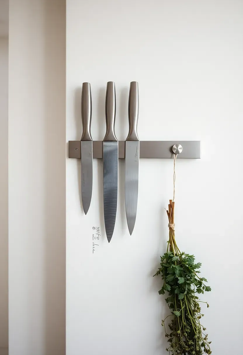 stainless steel magnetic knife strip mounted on a white kitchen wall