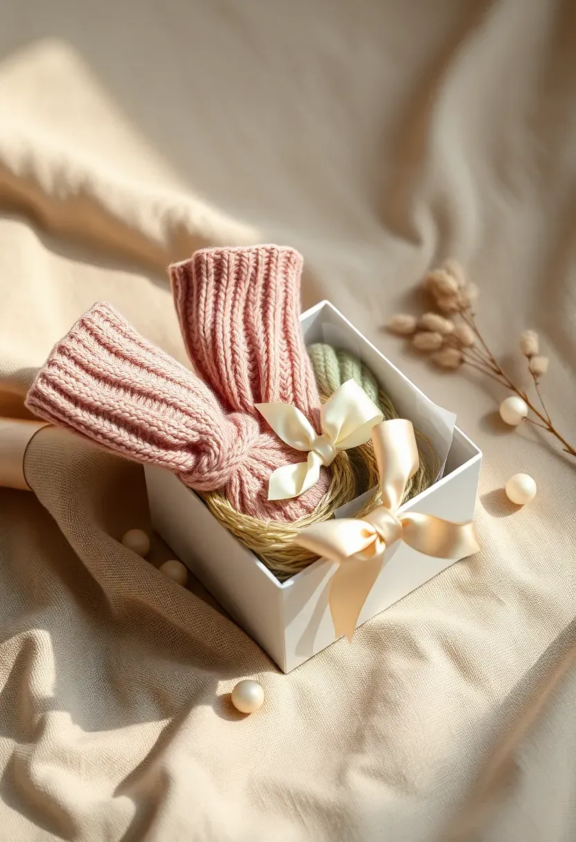 two pairs of knitted socks in blush and sage in white gift box with tissue paper and satin bow on linen