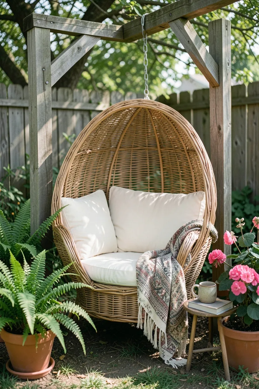 Hyper-realistic eye-level photograph of a backyard cozy swing chair corner. Wicker hanging swing chair with thick cream cushions suspended from sturdy wooden beam. Patterned throw blanket draped casually over armrest. Small side table positioned nearby holding book and ceramic mug. Potted ferns and flowering begonias surround the corner. Dappled sunlight filters through overhead trees. Materials: natural wicker, wood beam, weather-resistant fabric. Relaxing retreat mood. Shallow depth of field, focus on chair comfort. No text, no logos, no watermarks.</p>