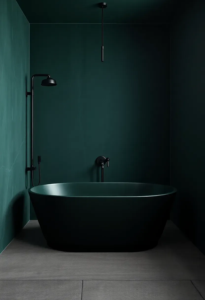 Deep forest green bathroom with matte green freestanding bathtub, black fixtures, and concrete floor