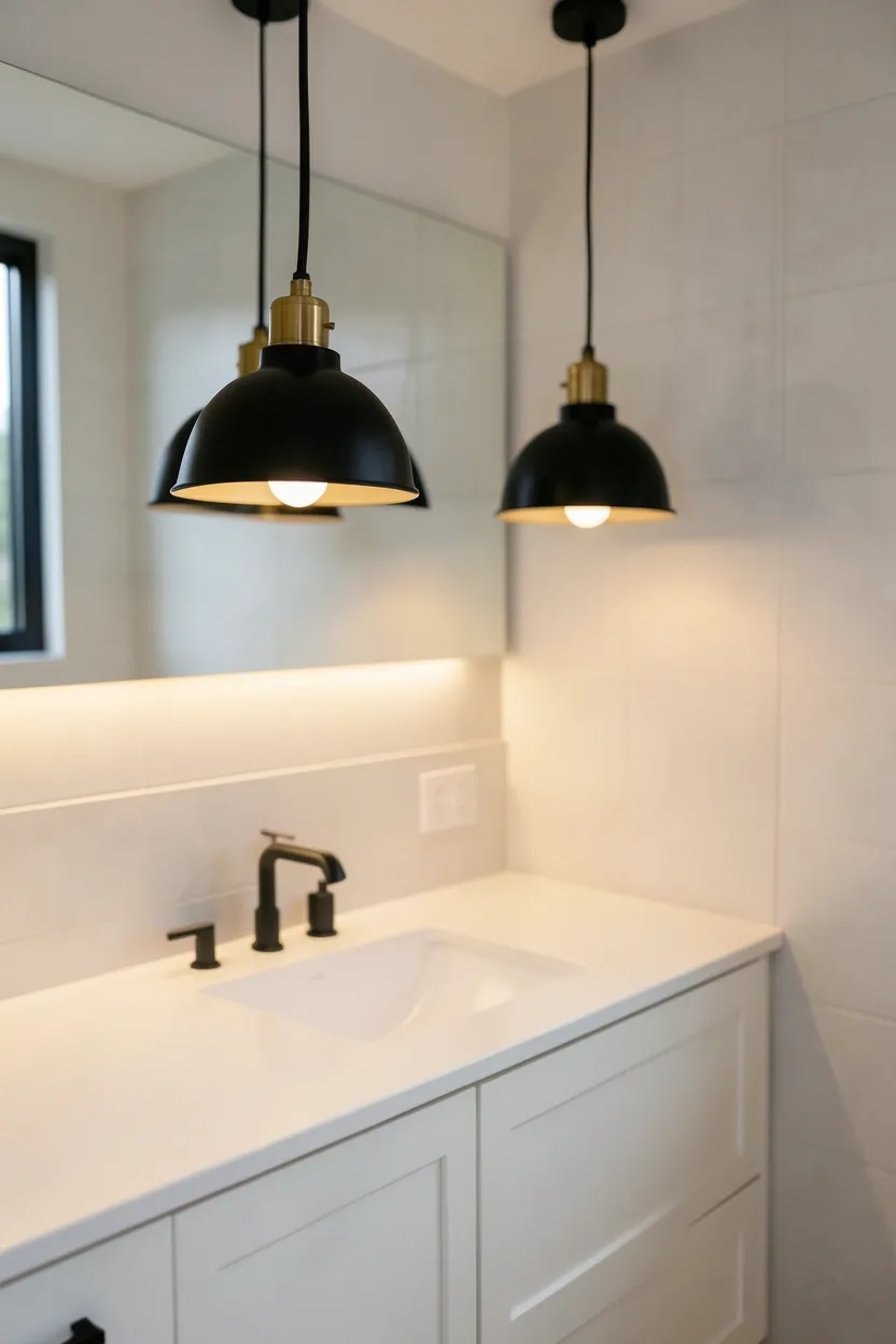 Pair of matte black pendant lights hanging above a bathroom vanity with white marble countertop — dramatic modern lighting on a budget