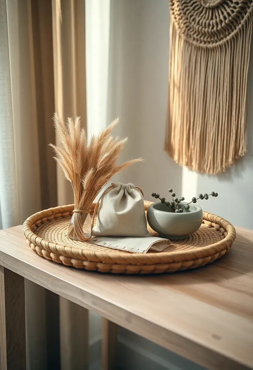 Woven rattan round tray with dried pampas grass and beige linen pouch