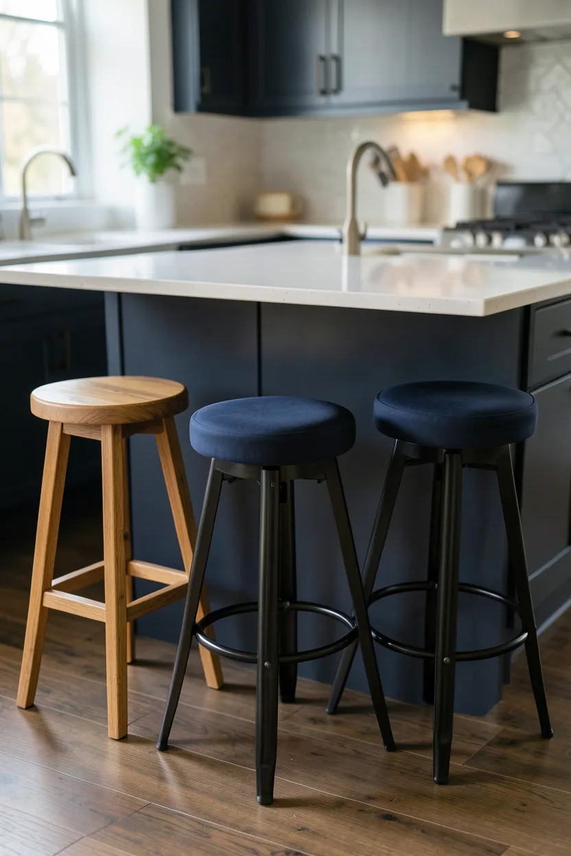 Mismatched bar stools around island