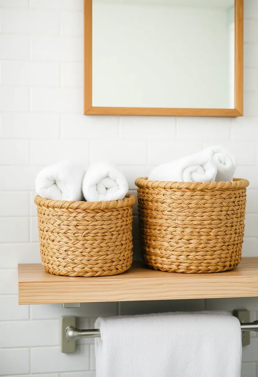 Hyper-realistic close-up of light oak floating shelf with two woven seagrass baskets holding rolled towels, white subway tile wall behind, hint of mirror above. Materials: white oak shelf, seagrass woven baskets, plush cotton towels, white tile wall. Warm low diffused light, creamy neutrals with warm straw texture. Natural textural mood, shallow depth of field with sharp basket weave detail, soft shadows. Vertical 2:3 framing. No logos.</p>