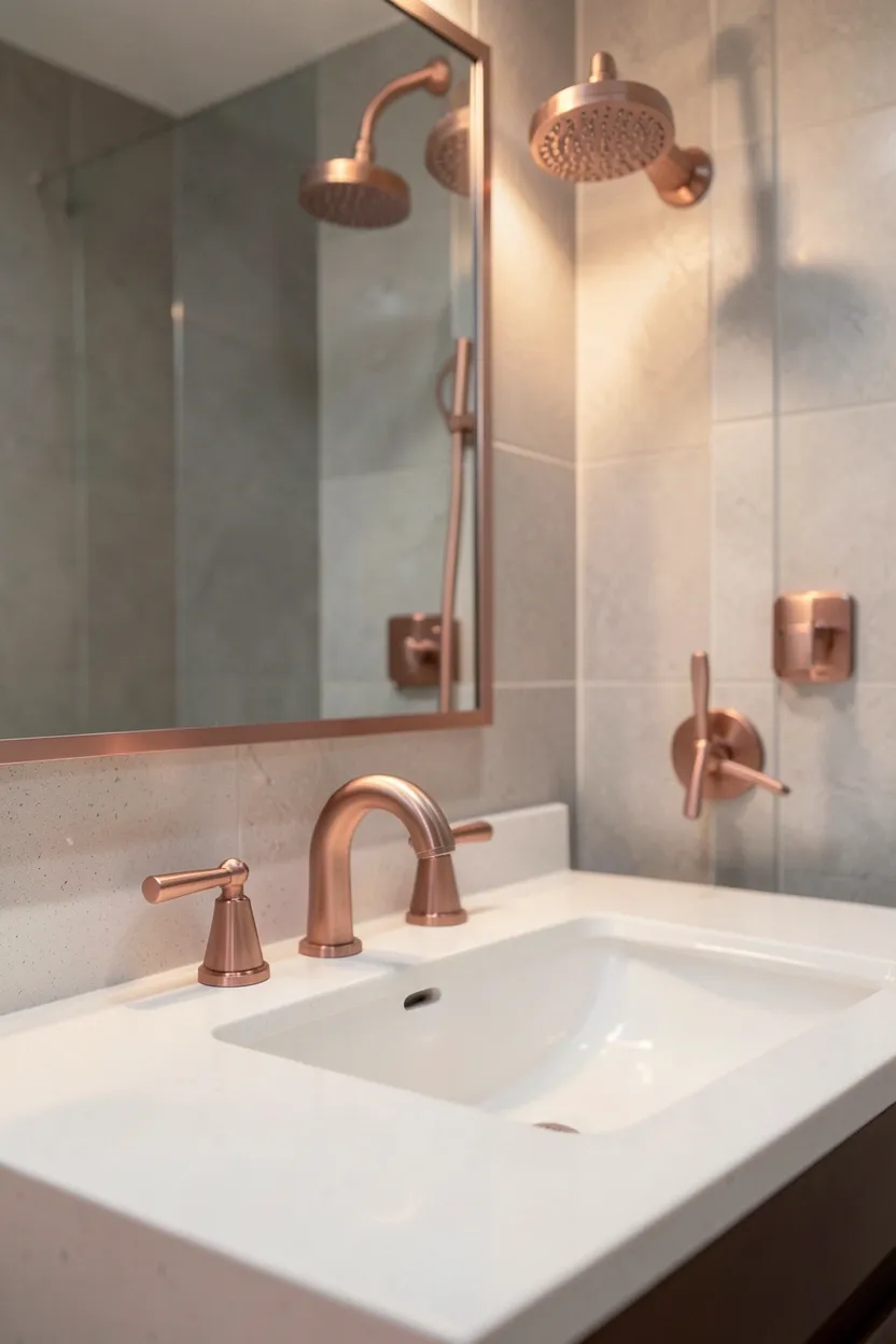 Rose gold bathroom faucet and towel bar with warm metallic pink finish, subtle luxury accent against white bathroom walls