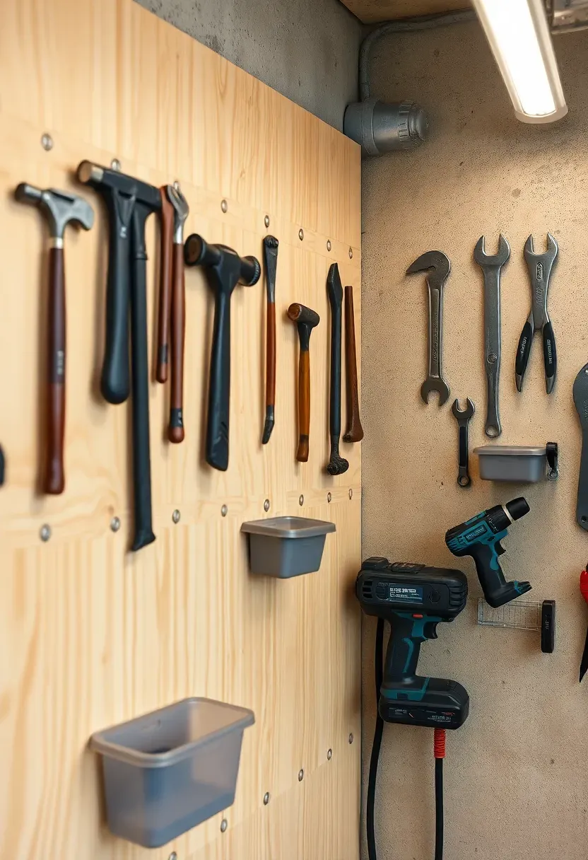 Garage workshop wall covered in French cleat system with neatly arranged hand tools, power tools, and small bins
