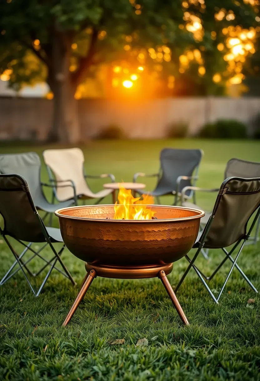 Portable copper fire pit sitting on a green lawn with four camping chairs around it at sunset