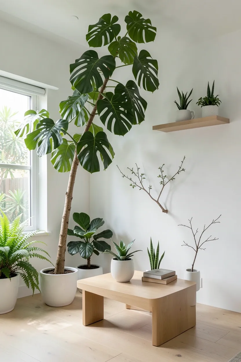 Hyper-realistic view of Japandi room with indoor plants. Large monstera deliciosa tree in corner reaching toward ceiling, small snake plant on shelf, white ceramic vase with single branch, potted succulent on low coffee table. White walls, light oak floor, minimal low-profile furniture allowing plants to stand out. Greenery providing organic contrast to clean lines. Natural light from window encouraging plant growth. Biophilic design mood showing how plants bring life and organic beauty to minimalist spaces without overwhelming calm aesthetic.</p>