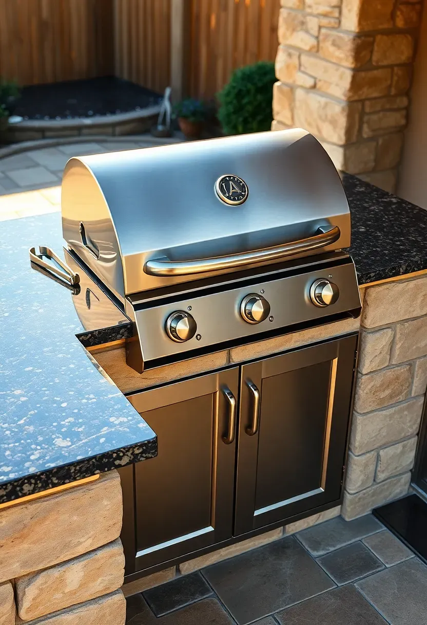 Built-in gas grill island with granite countertops and stainless steel appliances on a flagstone patio