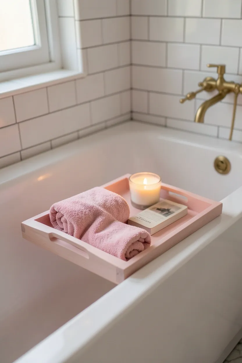 Soft pink wooden bathtub tray with candles, a book, and wine glass resting across a white freestanding tub