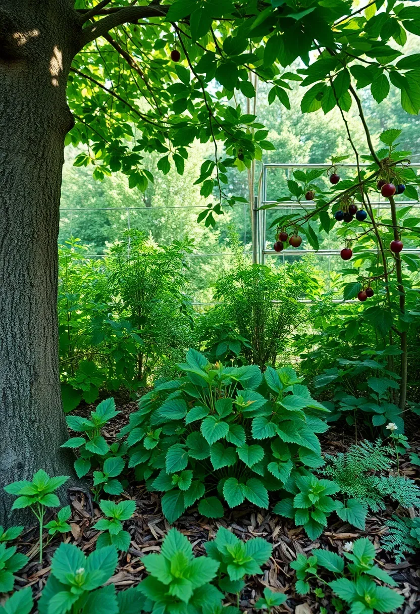 Diverse food forest polyculture garden patch with fruit trees, berry bushes, and ground cover vegetables layered together in a backyard