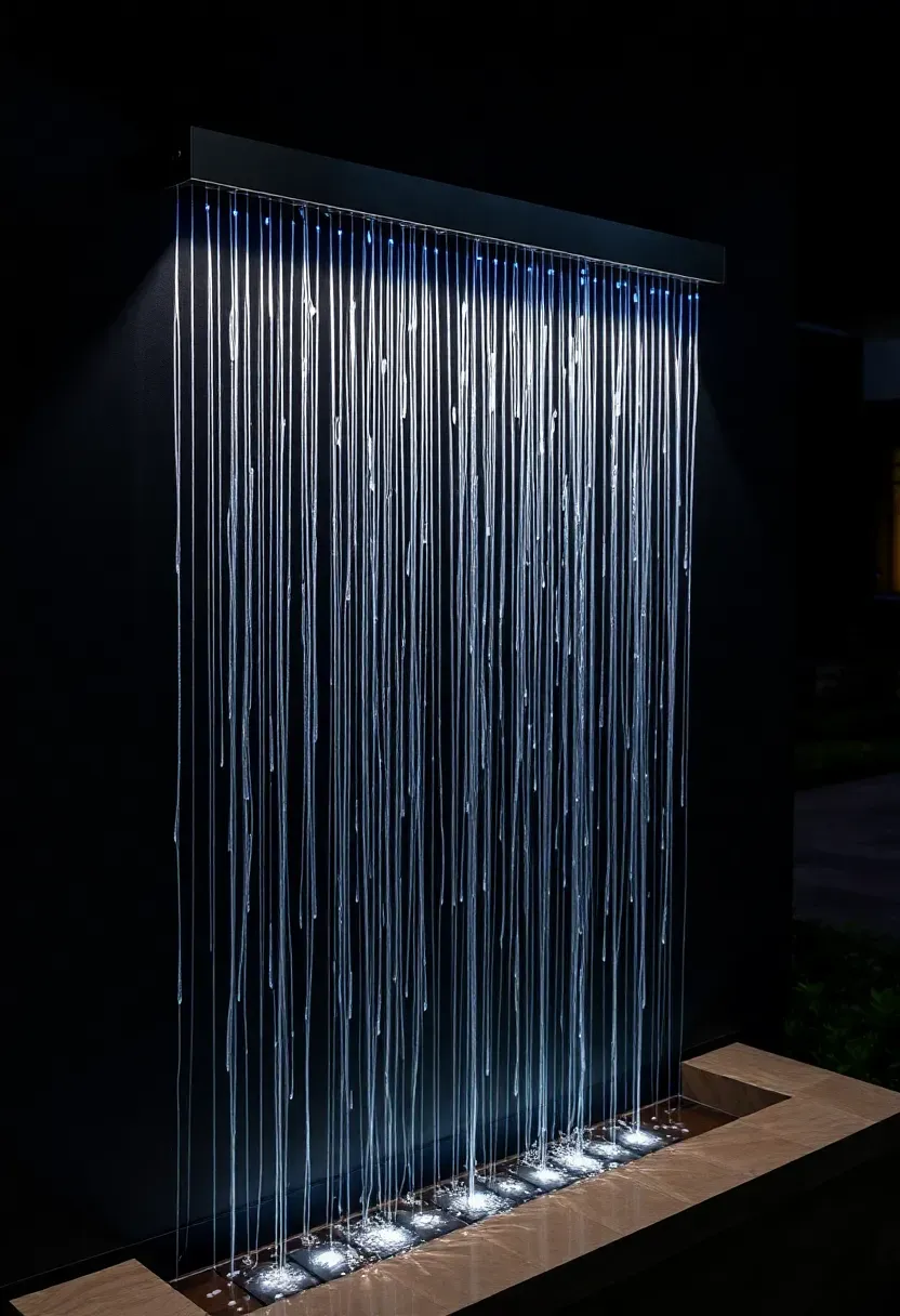 Illuminated rain wall water panel mounted on a dark exterior wall with thin streams of water falling in parallel lines at night