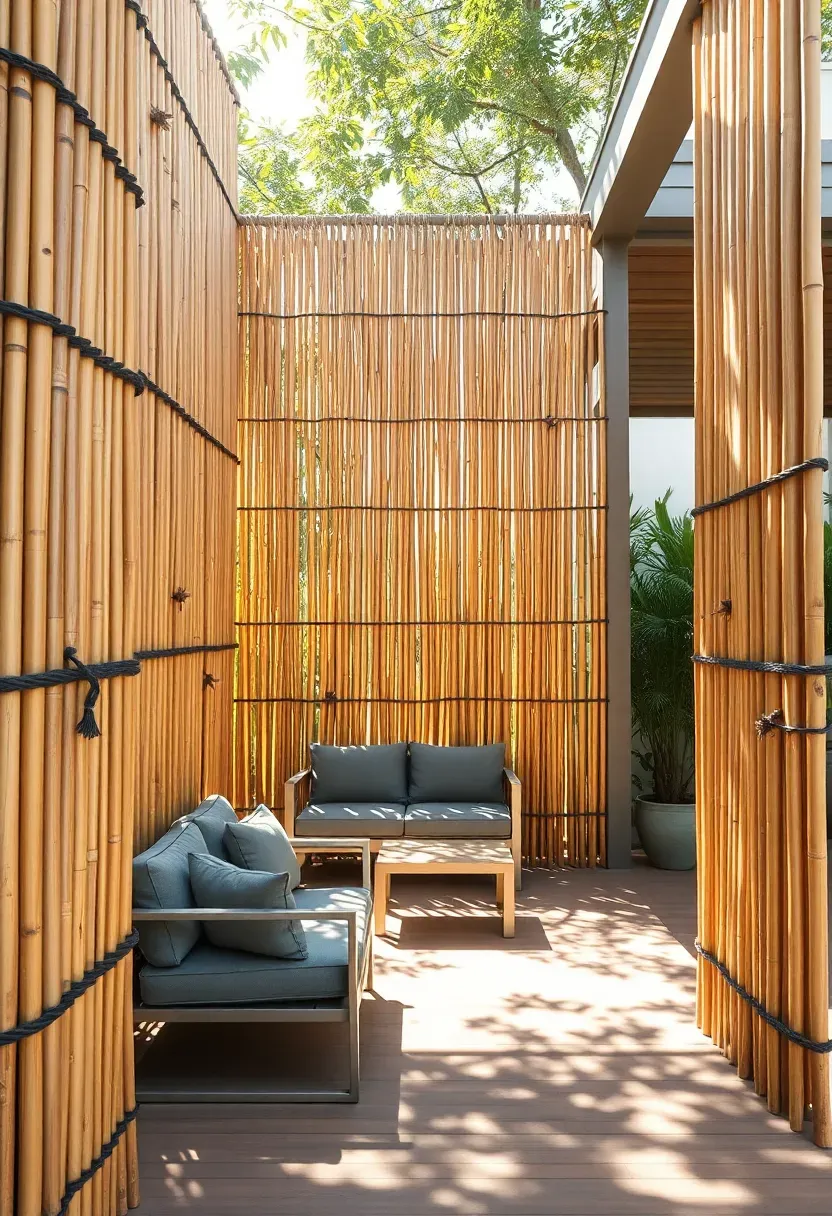 Tall bamboo screen panels flanking a terrace seating area, filtering wind and creating dappled shade, with modern outdoor furniture behind