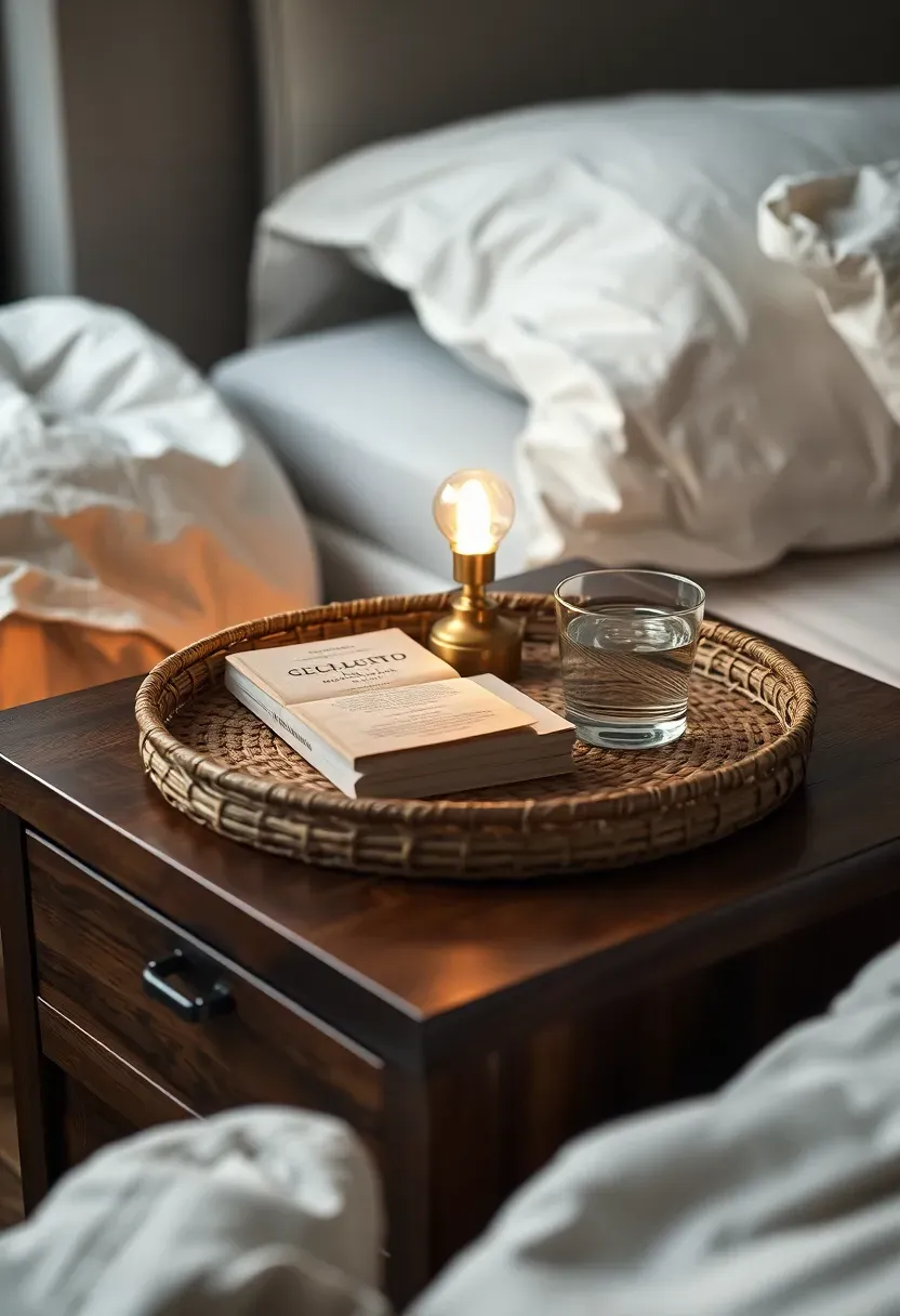 Bedside woven tray with a small lamp, alarm clock, and reading book on a wooden nightstand in a cozy bedroom