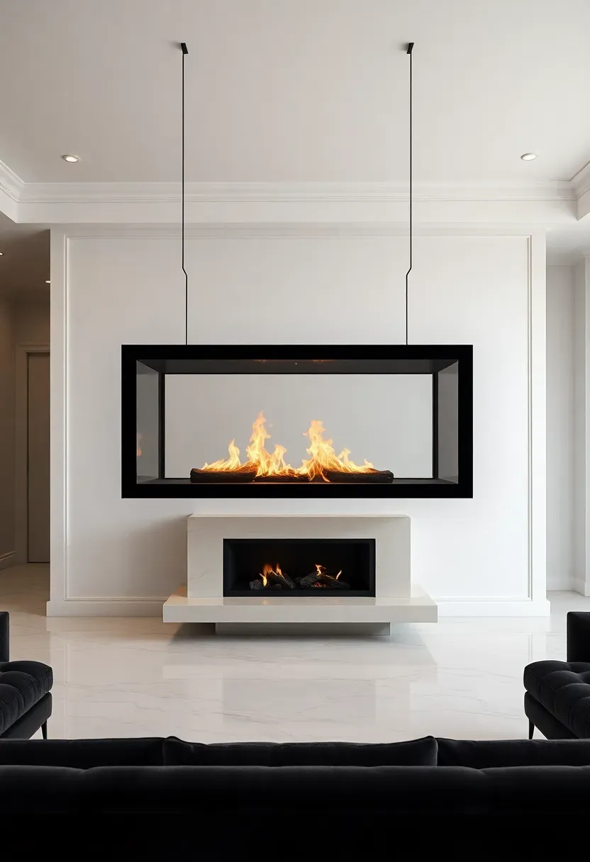 Hyper-realistic 3/4 view of elegant living room with suspended double-sided fireplace. Materials: rectangular glass-enclosed firebox with black frame appearing to float, visible flames, cream surround hearth, charcoal velvet seating on both sides, white walls, marble floor. Fireplace as sculptural room divider and focal point. Dramatic warm glow from flames.</p>