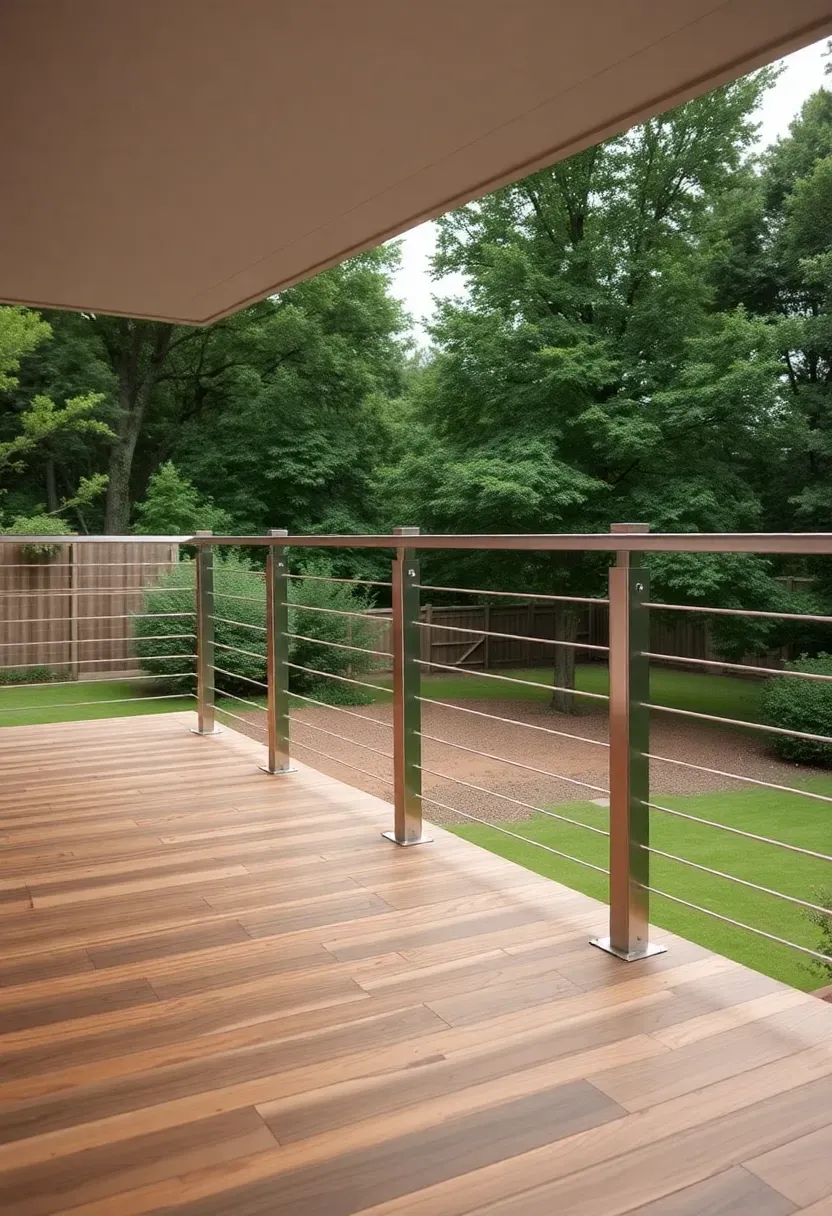 Modern backyard deck with horizontal cable railing system, stainless steel posts, and an unobstructed view of a tree-lined backyard