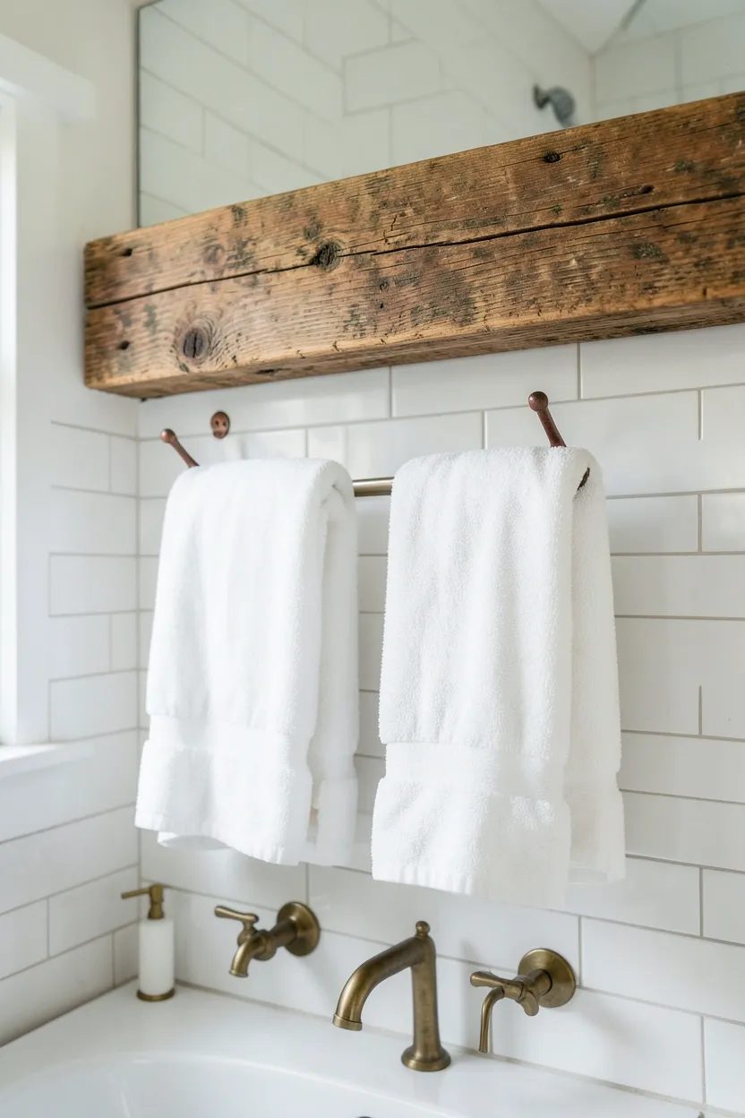 Hyper-realistic eye-level photograph of a rustic bathroom wall featuring thick reclaimed oak wood beam as towel bar with visible grain and aged patina, aged copper hooks holding neatly folded white towels, white subway tile background, brass fixtures on vanity below. Natural light. Materials: reclaimed oak wood, aged copper hooks, white cotton towels, brass fixtures, white ceramic tiles. Authentic wood beam with copper. Rustic farmhouse details. No text, no logos, no watermarks.</p>