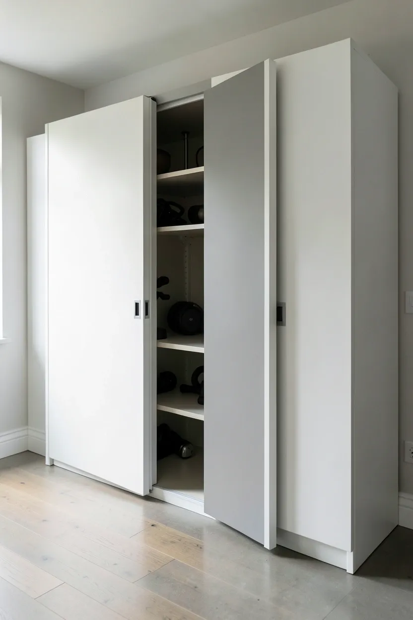 Sleek white sliding door cabinet concealing gym equipment — modern home gym storage solution that hides weights and accessories in a clean, clutter-free space