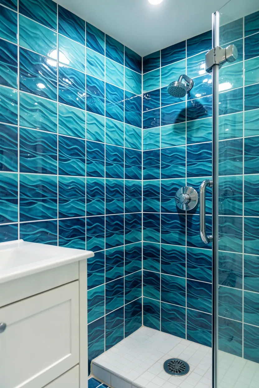 Toca Boca bathroom with ocean blue wave-patterned shower tiles in turquoise and white