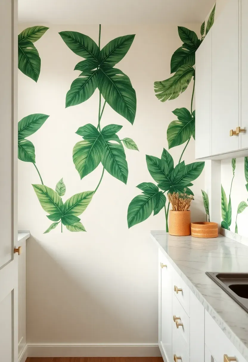 removable botanical peel-and-stick wallpaper on an apartment kitchen accent wall