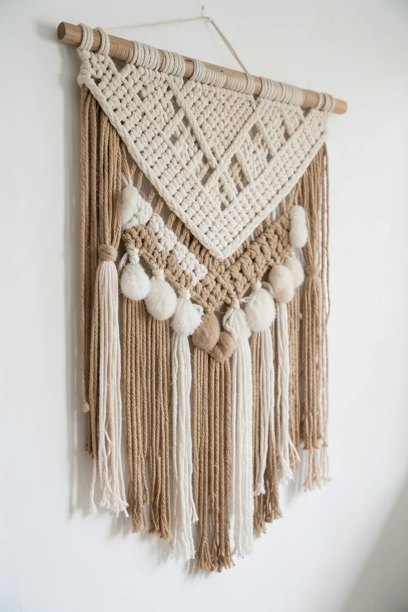 Large cream macrame fiber art wall hanging adding artisanal texture to a white minimalist Scandinavian living room wall
