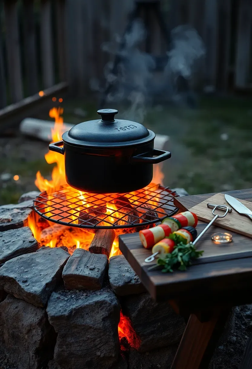 A campfire cooking setup in a backyard with a cast iron grate over flames, a Dutch oven, and metal skewers with vegetables on a wooden prep table nearby