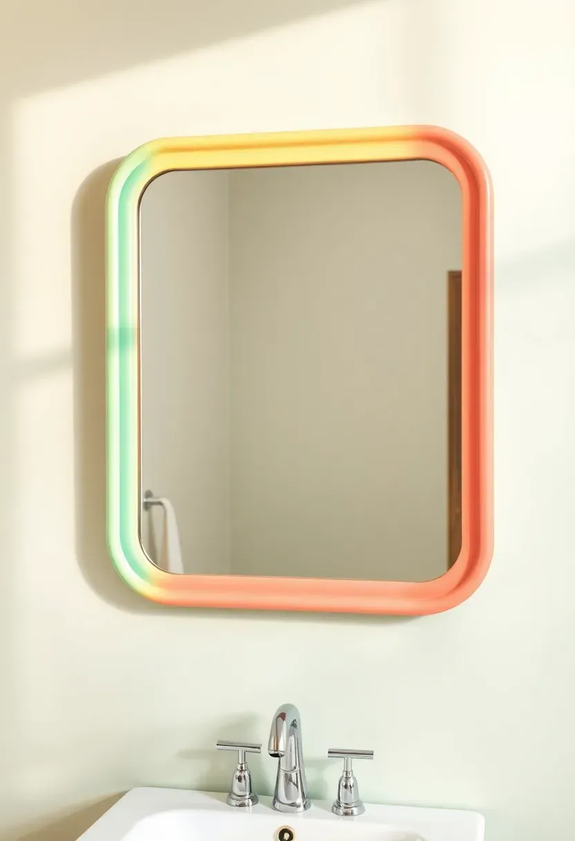 Whimsical rainbow-striped mirror frame above a white vanity in a colorful rental bathroom