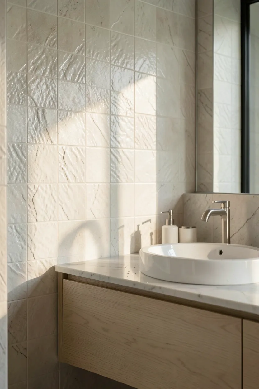 Textured 3D tile accent wall behind a freestanding tub with directional lighting casting dramatic shadows