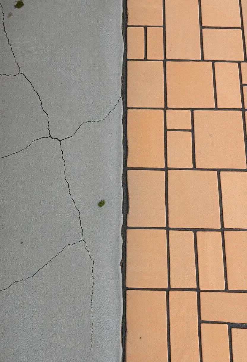 Before and after of a ranch home porch floor showing cracked gray concrete replaced with warm natural flagstone pavers