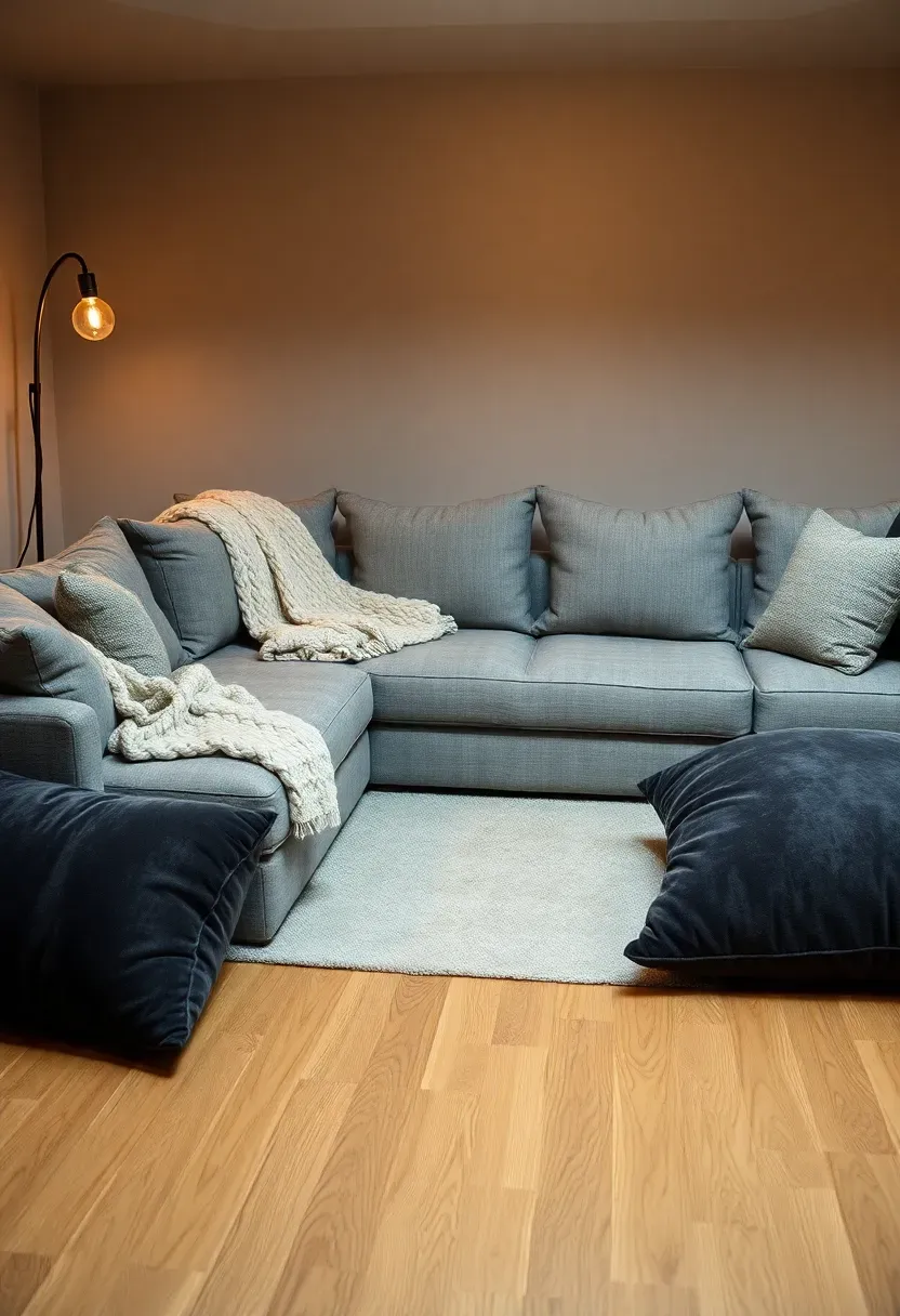 large L-shaped gray sectional sofa in a finished basement with throw blankets and floor pillows