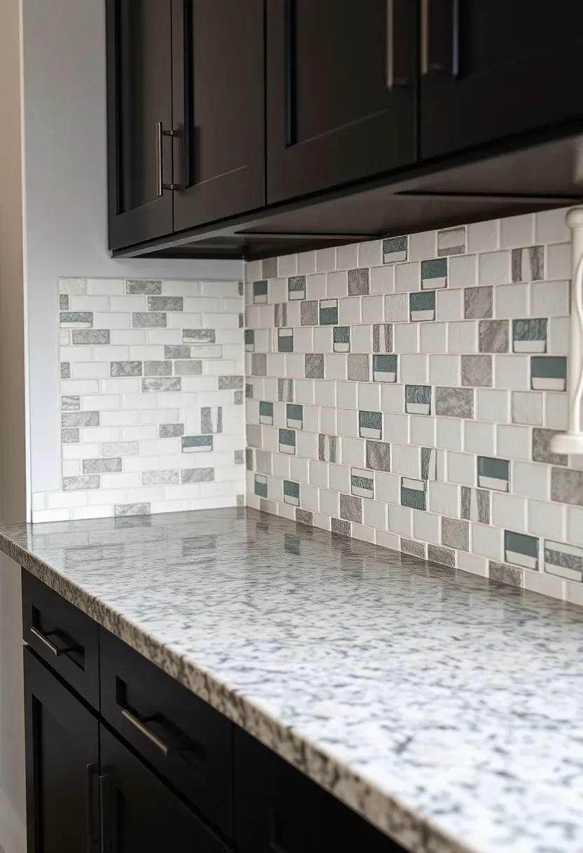 white and gray herringbone mosaic backsplash tile installed in kitchen with fantasy brown granite countertops and dark lower cabinets