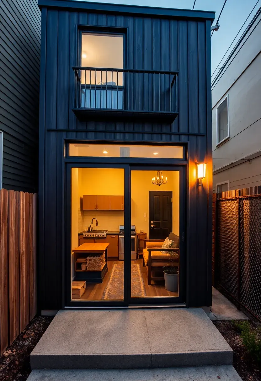Narrow two-story backyard ADU on a tight lot with the lower floor showing a kitchen and living area through large windows and an upper bedroom with a small balcony