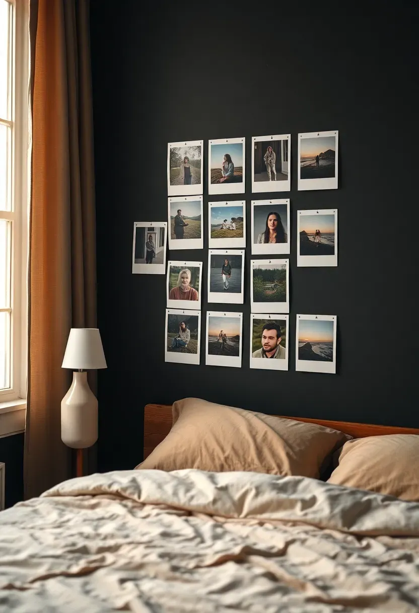 Polaroid photo grid wall display in a teen bedroom with white-border photos held by washi tape strips