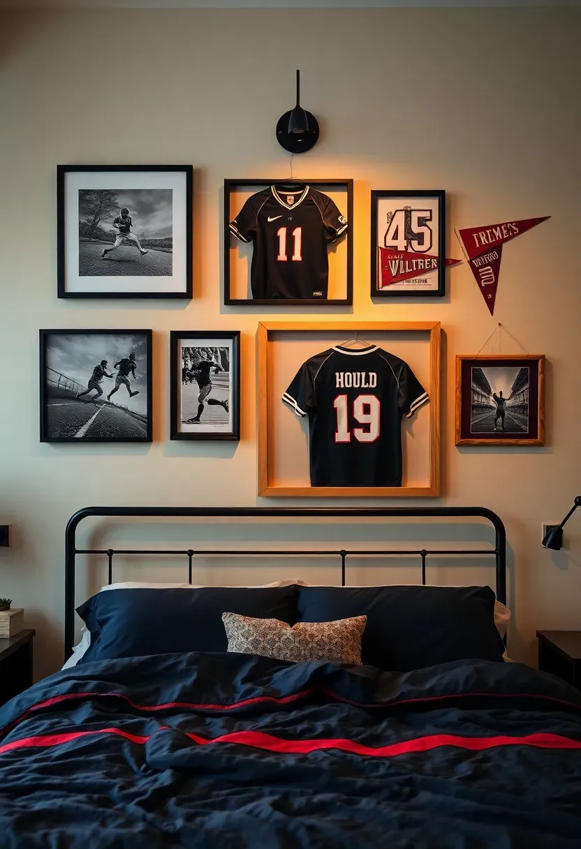 Gallery wall of framed sports photographs and jerseys above a boy's bed with team-colored bedding