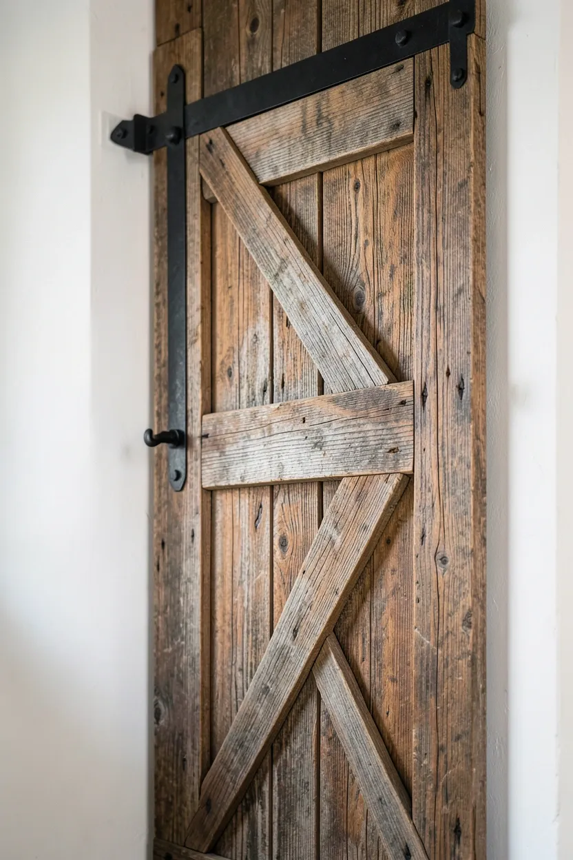 Sliding reclaimed wood barn door on black iron track hardware separating toilet area in a modern farmhouse bathroom