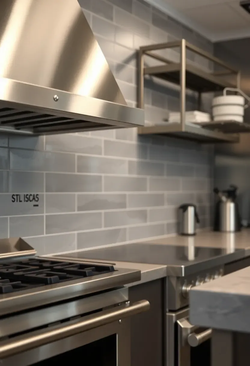 brushed stainless steel L-channel edge trim on gray porcelain backsplash tile in professional-style kitchen with stainless appliances