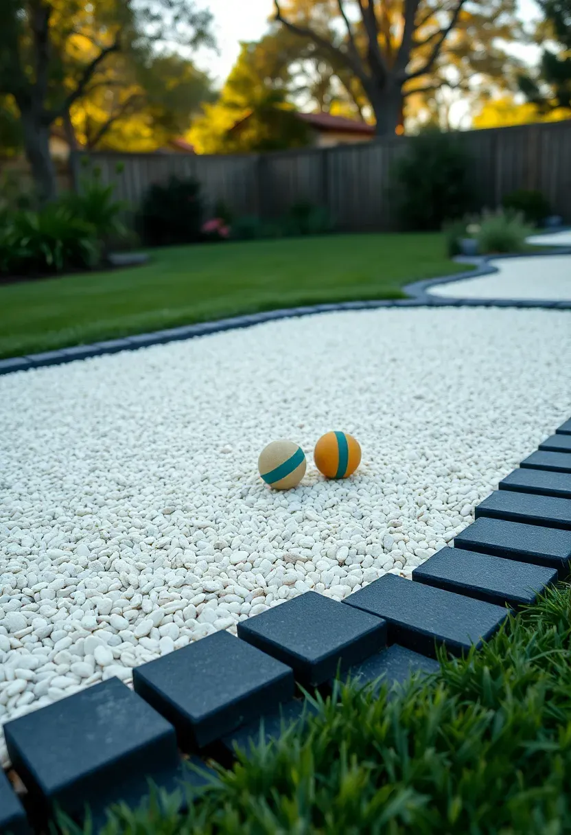A regulation-length bocce ball court with packed crushed oyster shell surface bordered by a neat row of charcoal pavers and surrounded by green lawn