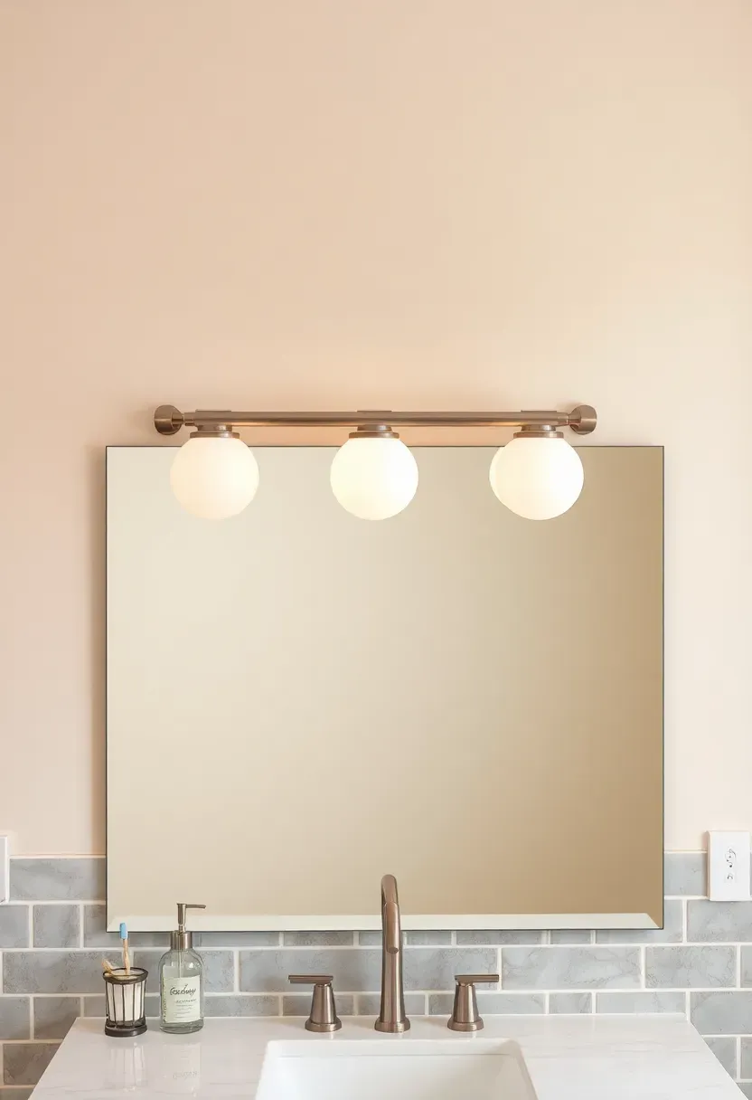 Three-light frosted globe vanity bar mounted above a wide bathroom mirror with brushed nickel hardware