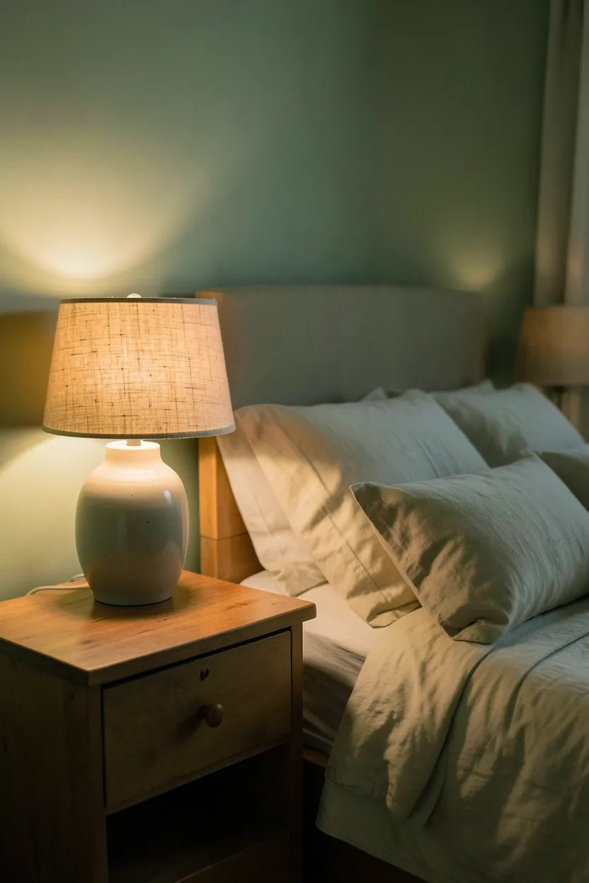 Warm bedside table lamp with linen shade and dimmer switch on a wood nightstand beside a sage green bedroom wall