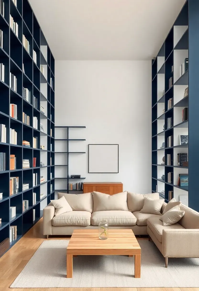 Hyper-realistic wide shot of minimalist living room with floor-to-ceiling navy blue bookcases with white interior backs white surrounding walls beige sofa light oak coffee table minimal book and object display. Materials: matte navy blue bookcase exterior white interior backing crisp white walls beige linen sofa light oak wood. Soft natural daylight subtle shadows creating depth between navy exterior and light interior architectural organized atmosphere. Sharp details on bookcase construction clean composition no clutter no text no watermarks.</p>
